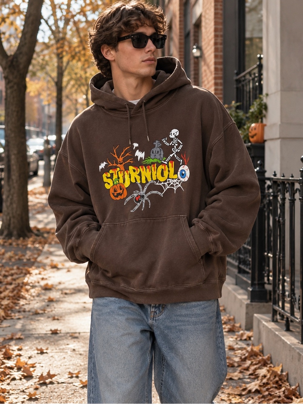 Let’s Trip Oversized Halloween Graphic Hoodie Brown 2XL Skeleton Pumpkin Spider